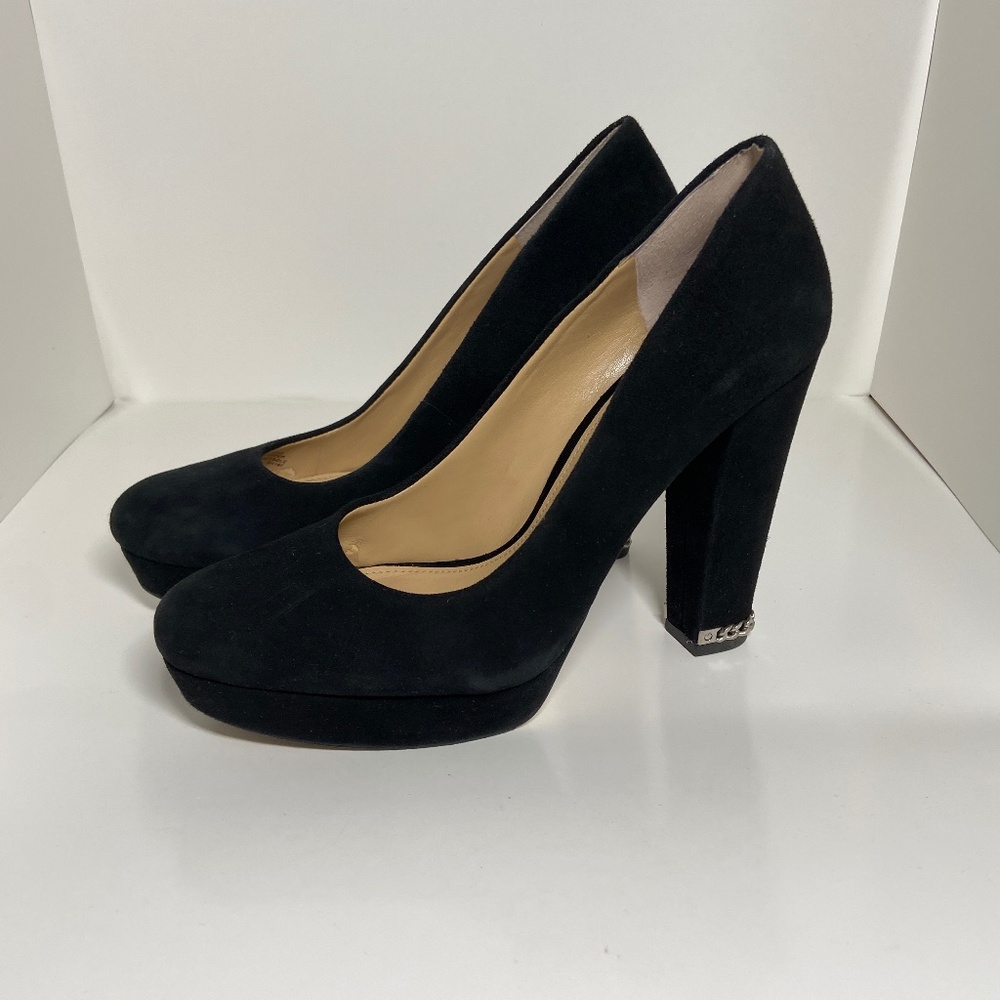 MICHAEL Michael Kors Sabrina Chain Chunky Heel Platform Pumps Black Suede